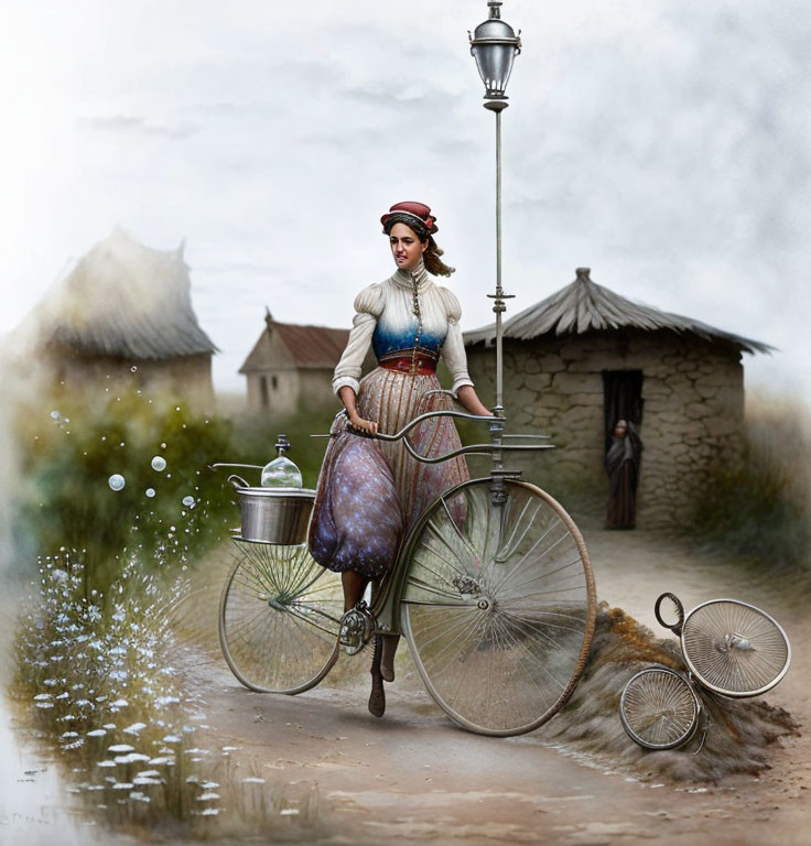 Vintage-dressed woman on penny-farthing bike near thatched huts and lamppost with