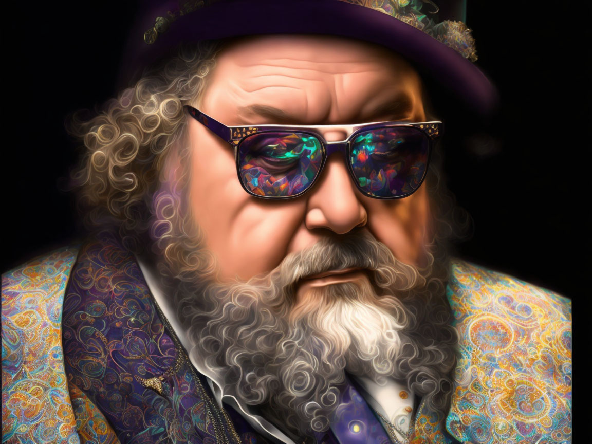 Bearded man in reflective sunglasses, hat, and colorful jacket on black background