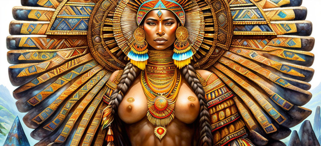 Colorful artwork of a woman as Egyptian deity with intricate headdress