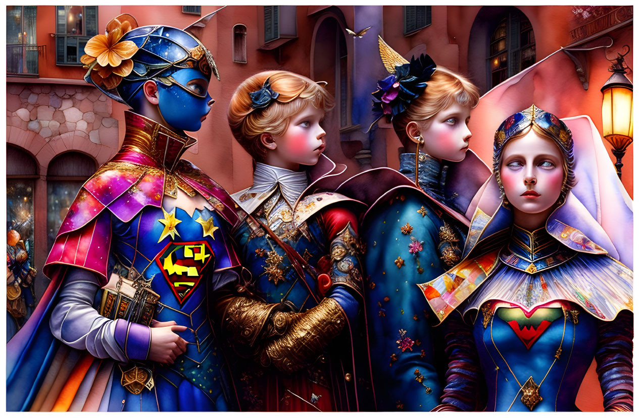 Four stylized characters in intricate superhero-themed armors in a vibrant, fantastical street setting blending medieval