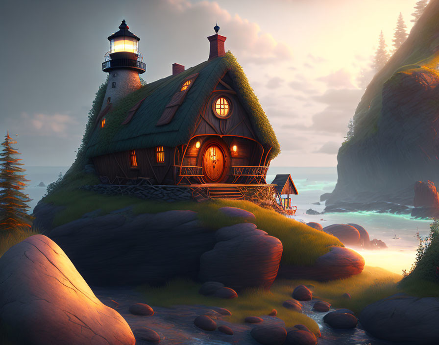 Quaint lighthouse and house on rocky shoreline at dusk