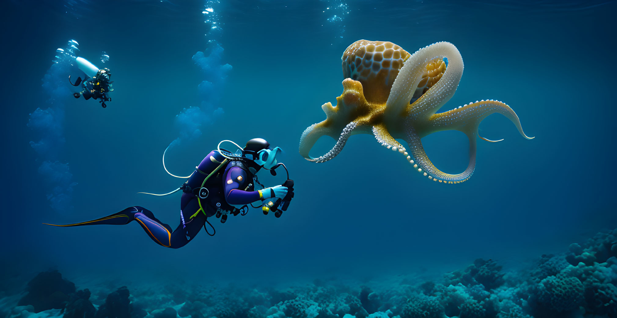 Underwater scene: Divers and large octopus observation