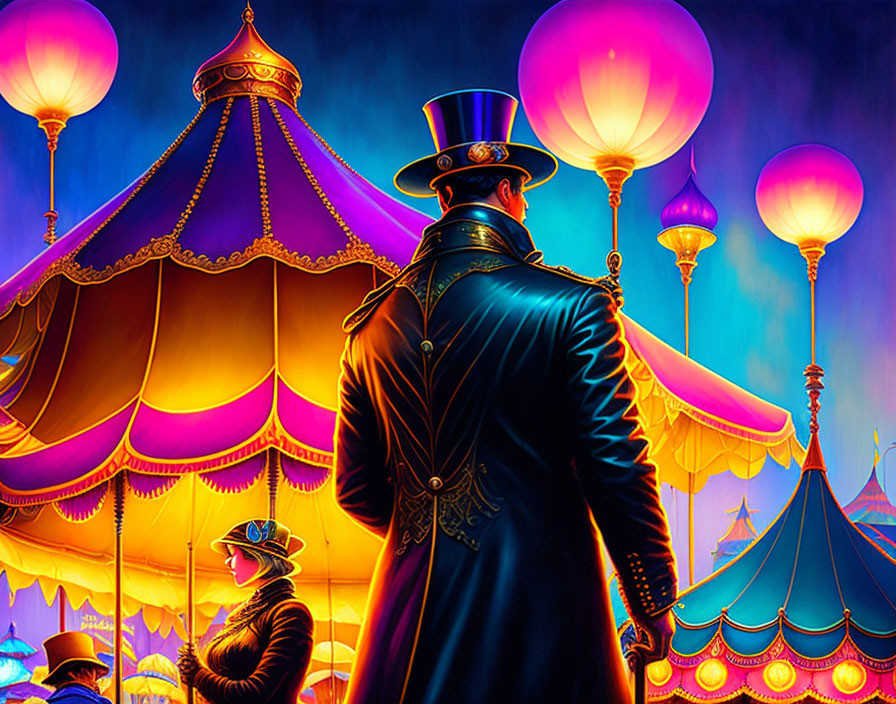 Man in top hat and coat gazes at vibrant carnival scene at night.