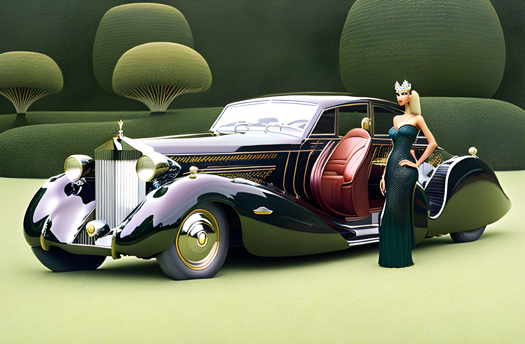 Elegant woman with crown next to vintage car in stylized landscape