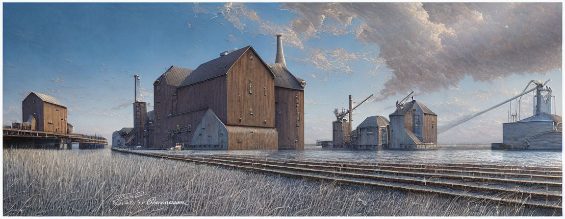 Industrial landscape with grain elevators and train tracks under clear blue sky