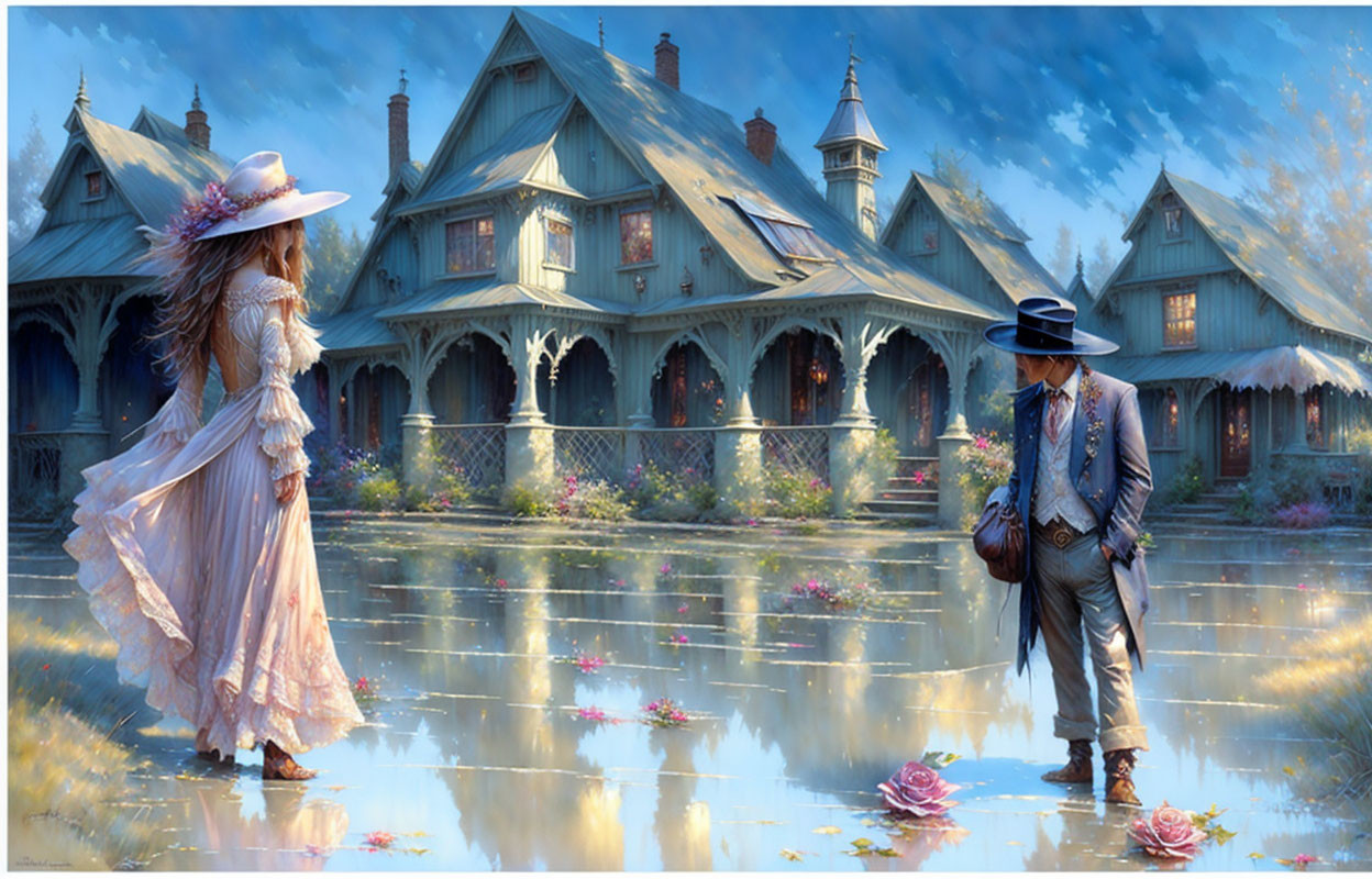 Victorian-dressed couple on water-logged cobblestone path with floating flowers and elegant houses at