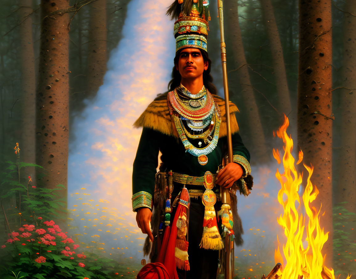 Man in Native American Regalia by Forest Fire