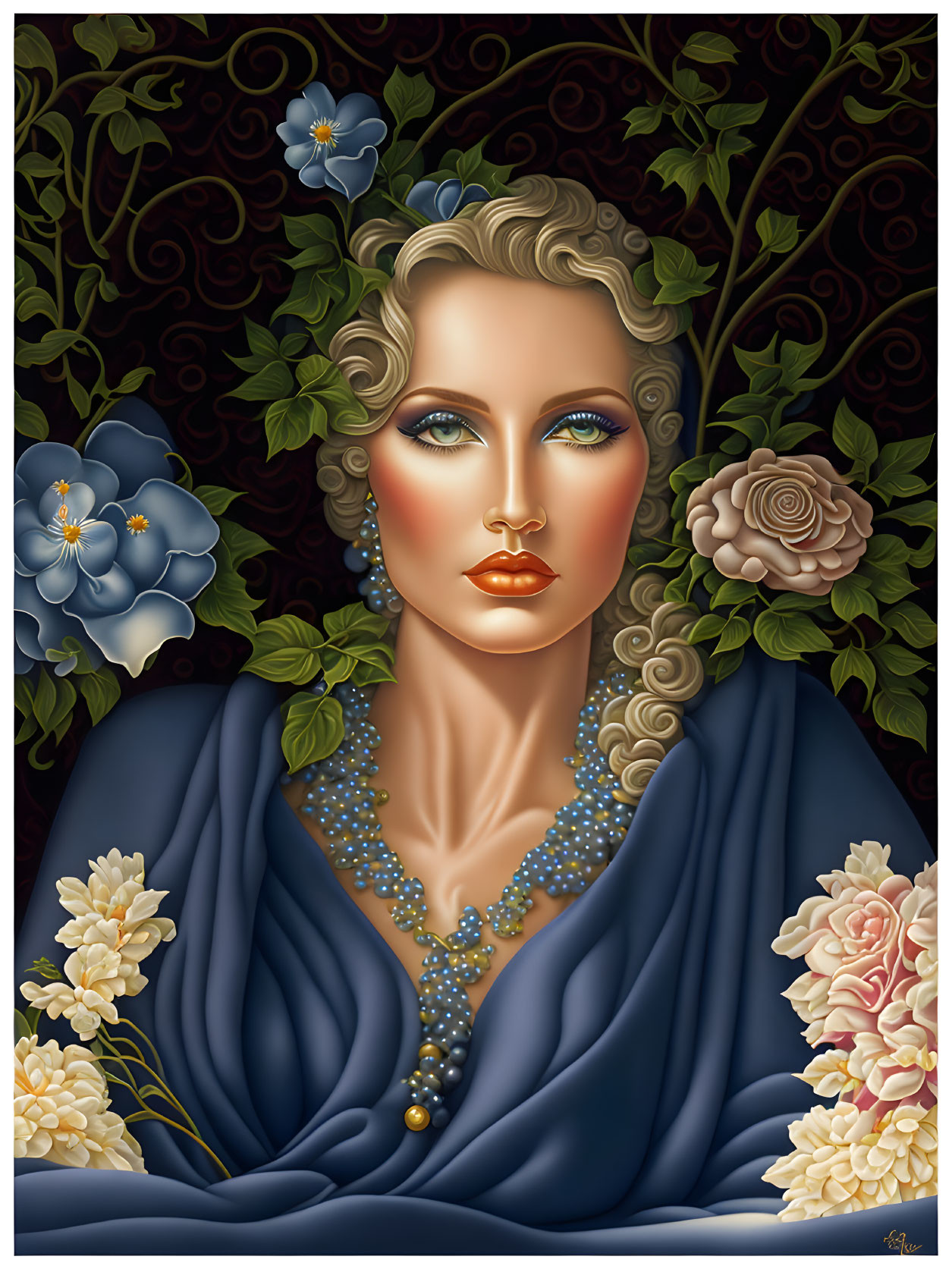 Illustrated portrait of woman in blue gown with glamorous makeup and pearls in floral setting