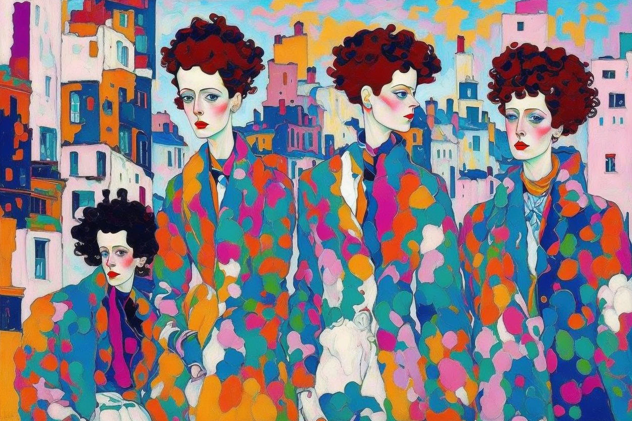 Stylized women with red hair in colorful clothing against abstract cityscape