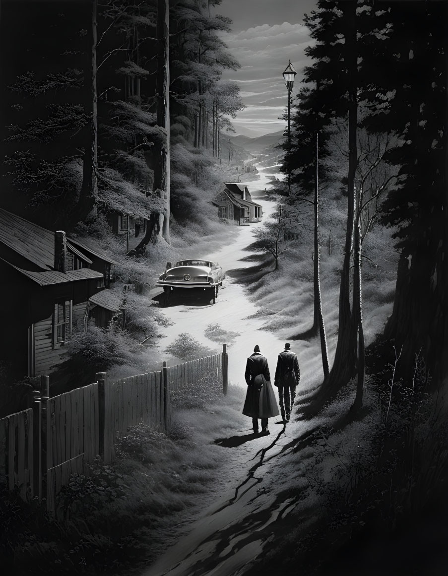 Monochrome image of two people walking on a street with houses, trees, vintage car, and street