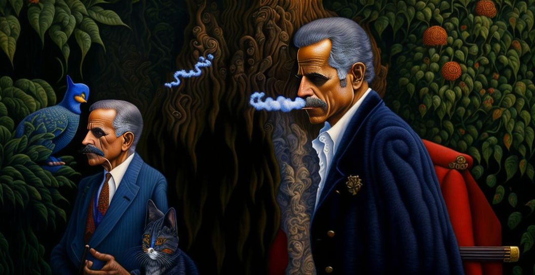 Identical Men in Suits Smoking, Peacock, Cat in Surreal Forest