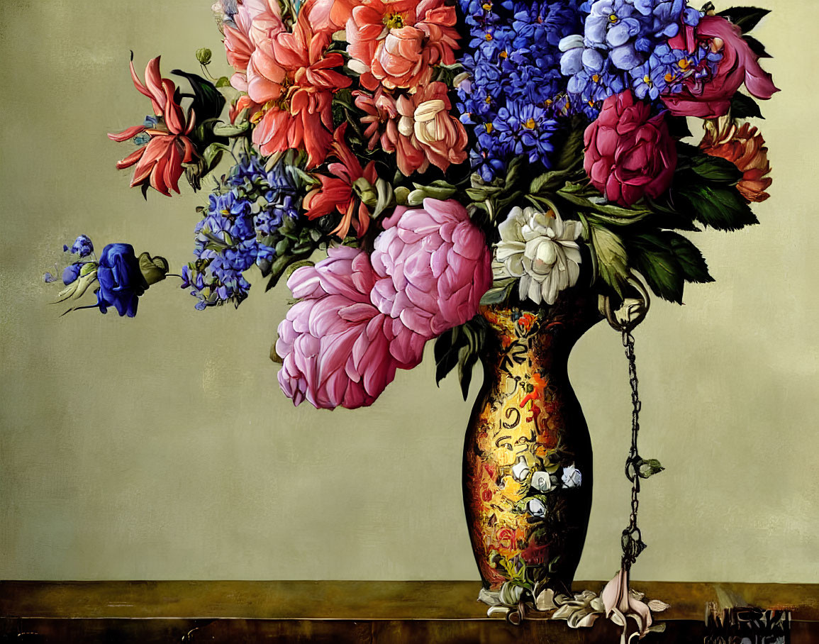 Colorful Flower Bouquet in Ornate Vase on Muted Background