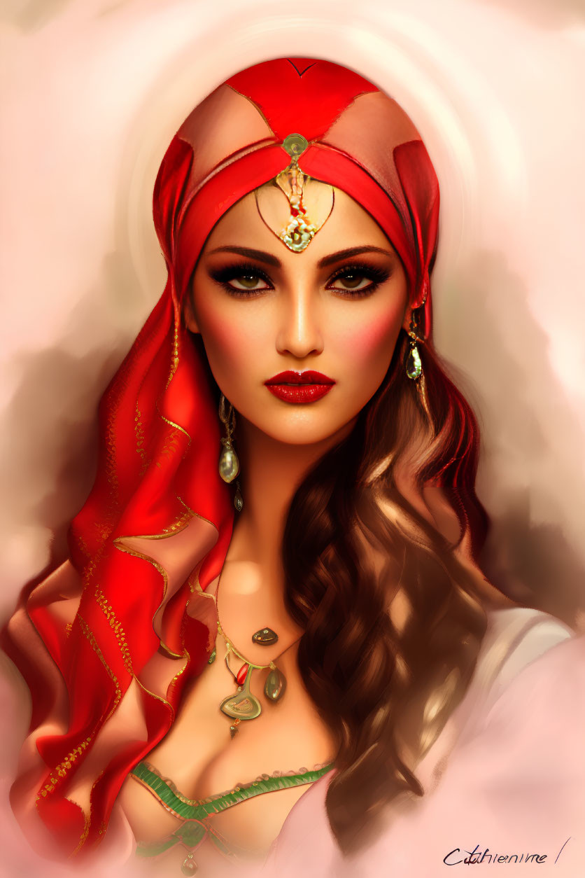 Illustrated portrait of a woman with striking makeup and red headscarf.