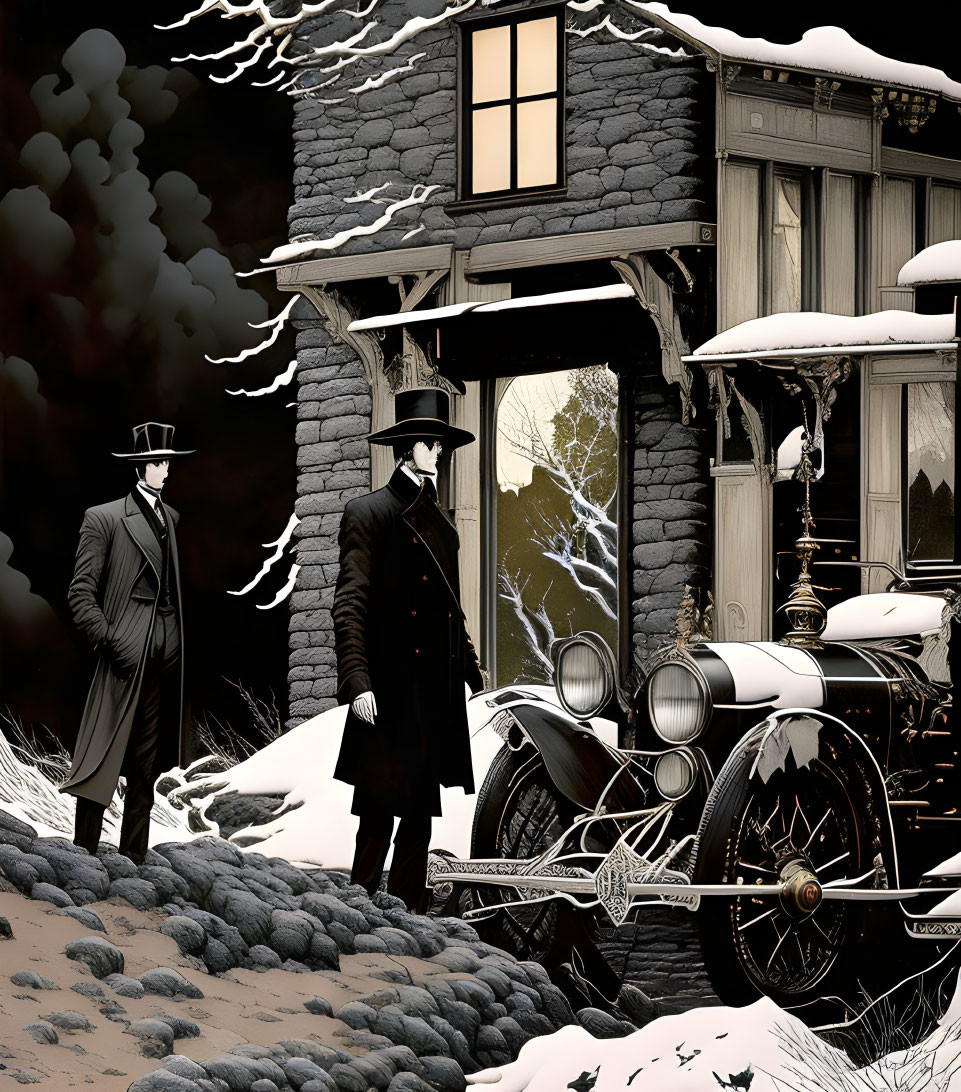 Vintage men by old car in snowy scene with gloomy background and dark house