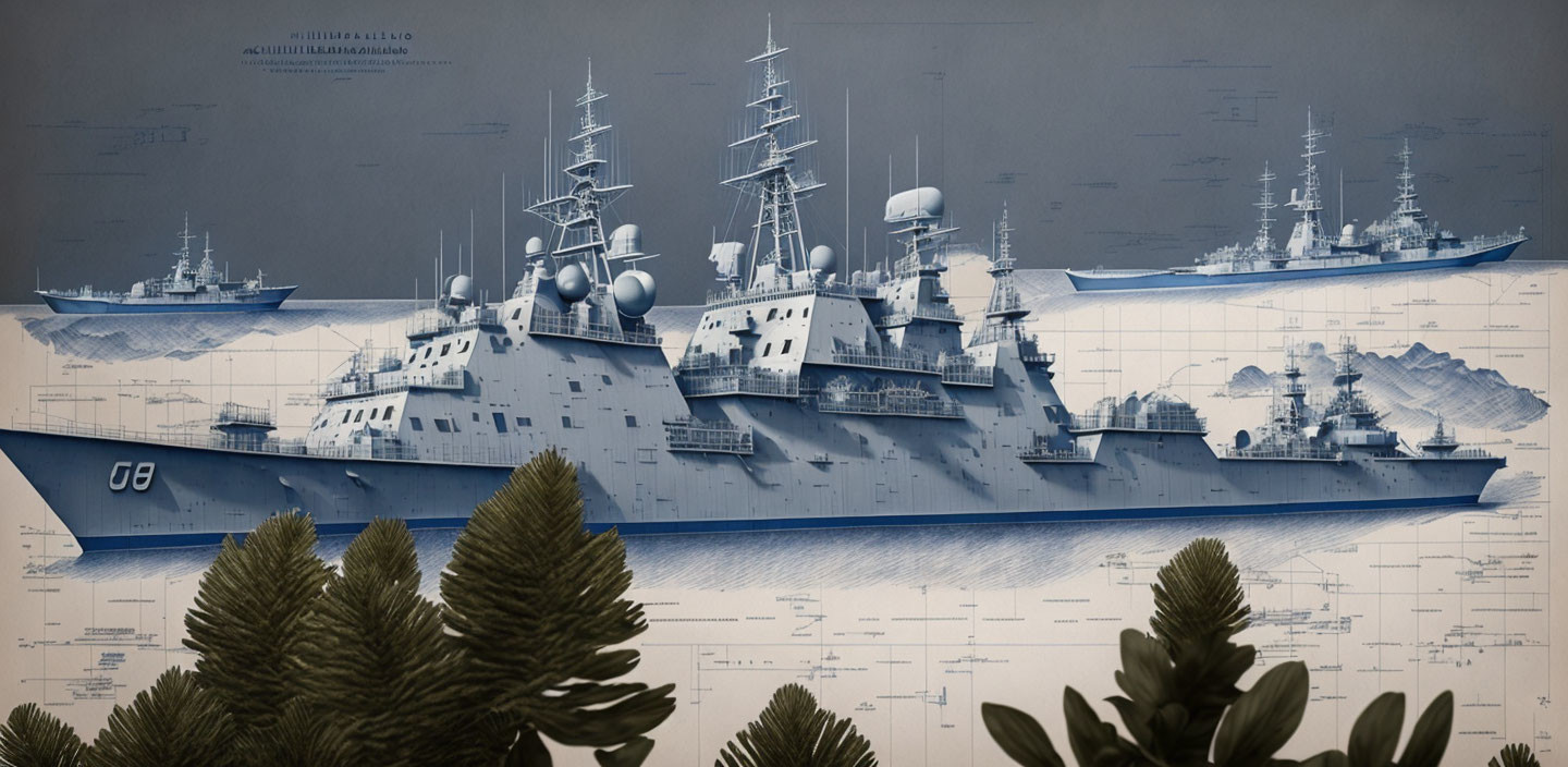 Detailed Naval Ships Artwork with Blueprints and Foliage