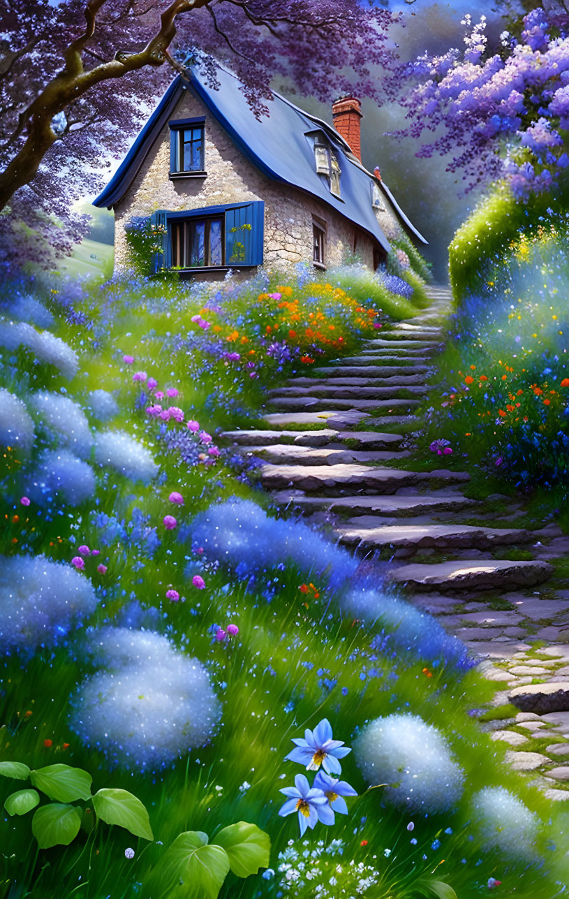 Thatched Roof Cottage Surrounded by Blooming Flowers