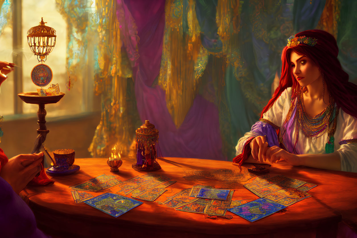 Red-haired woman with tarot cards in mystical setting