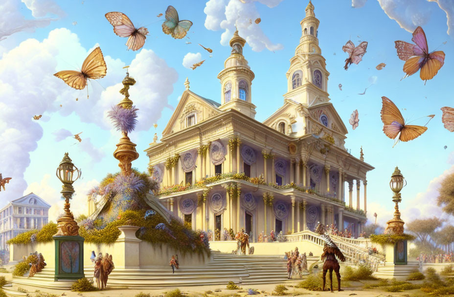 Neoclassical building with ornate columns, people, butterflies, clear sky