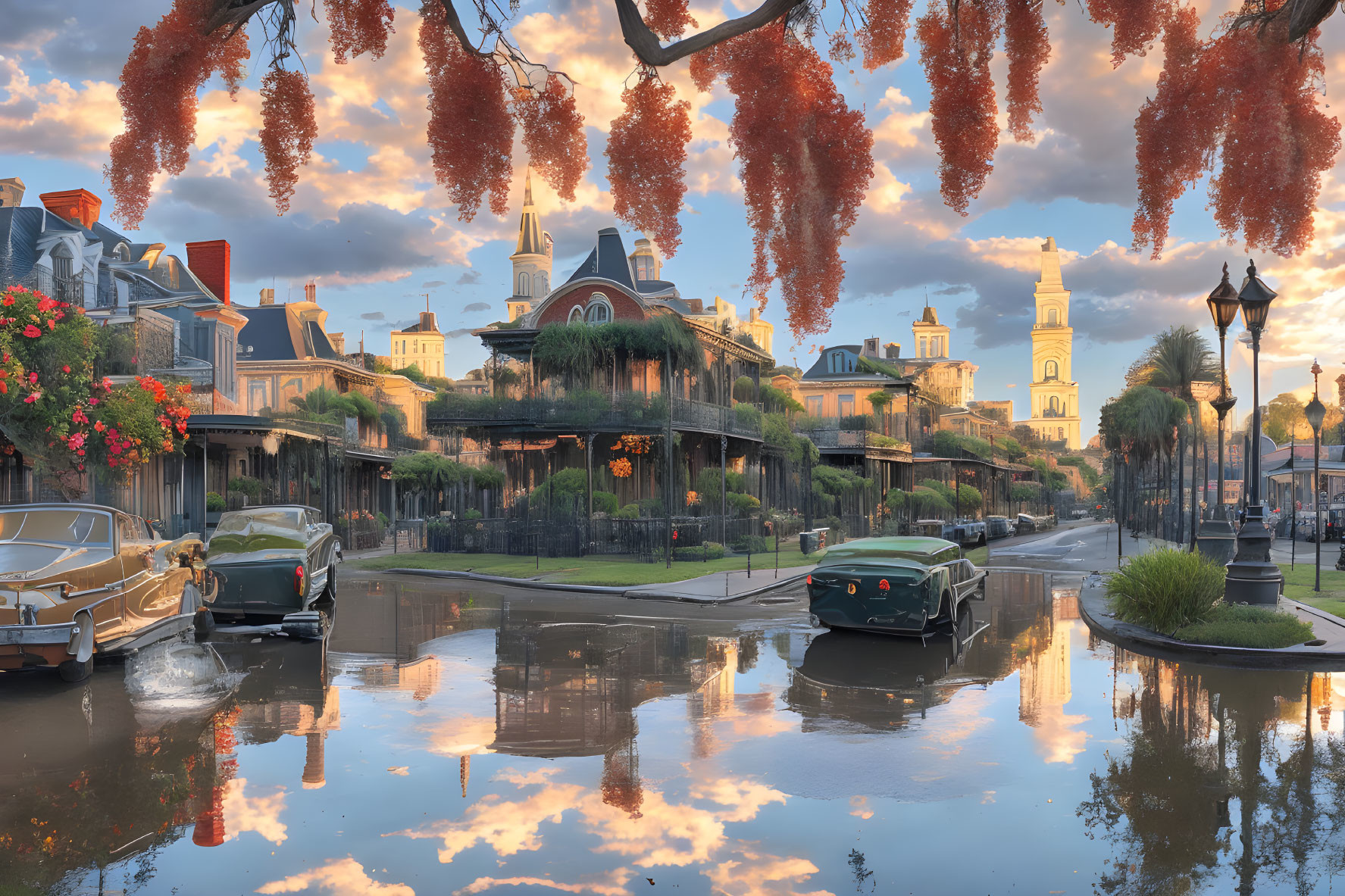 Classic cars on wet street at sunset with flowering trees and buildings reflected in pavement.