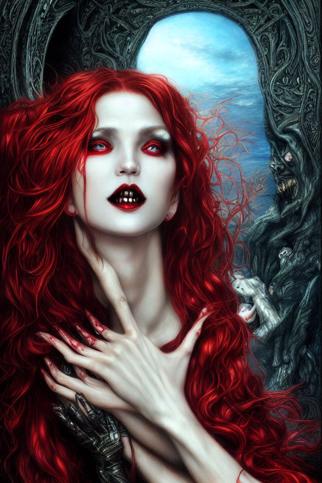 Vivid red-haired woman with striking red lips and haunting mirror reflection.