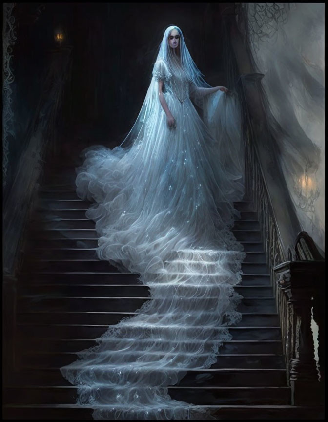 Ethereal woman in white gown on grand staircase