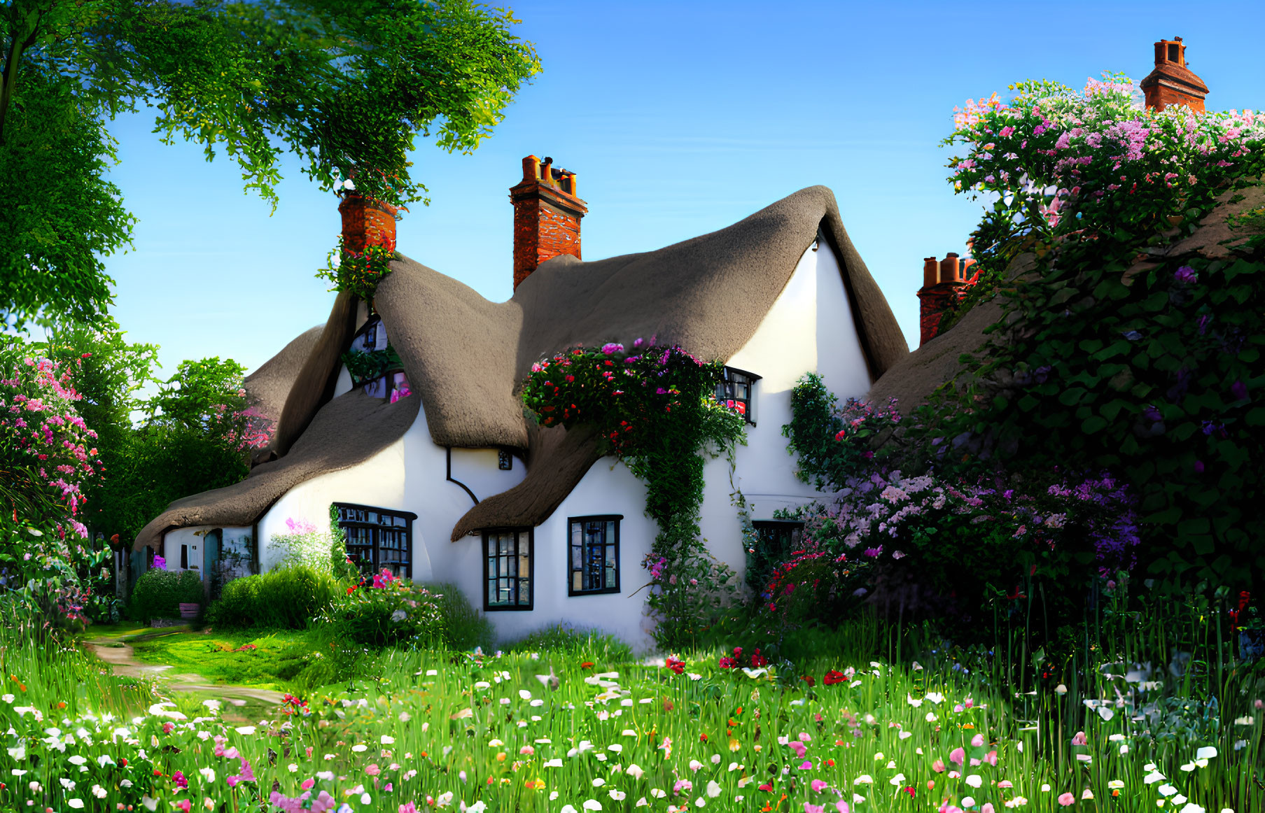 Thatched Cottage with Blooming Flowers and Roses in Lush Garden