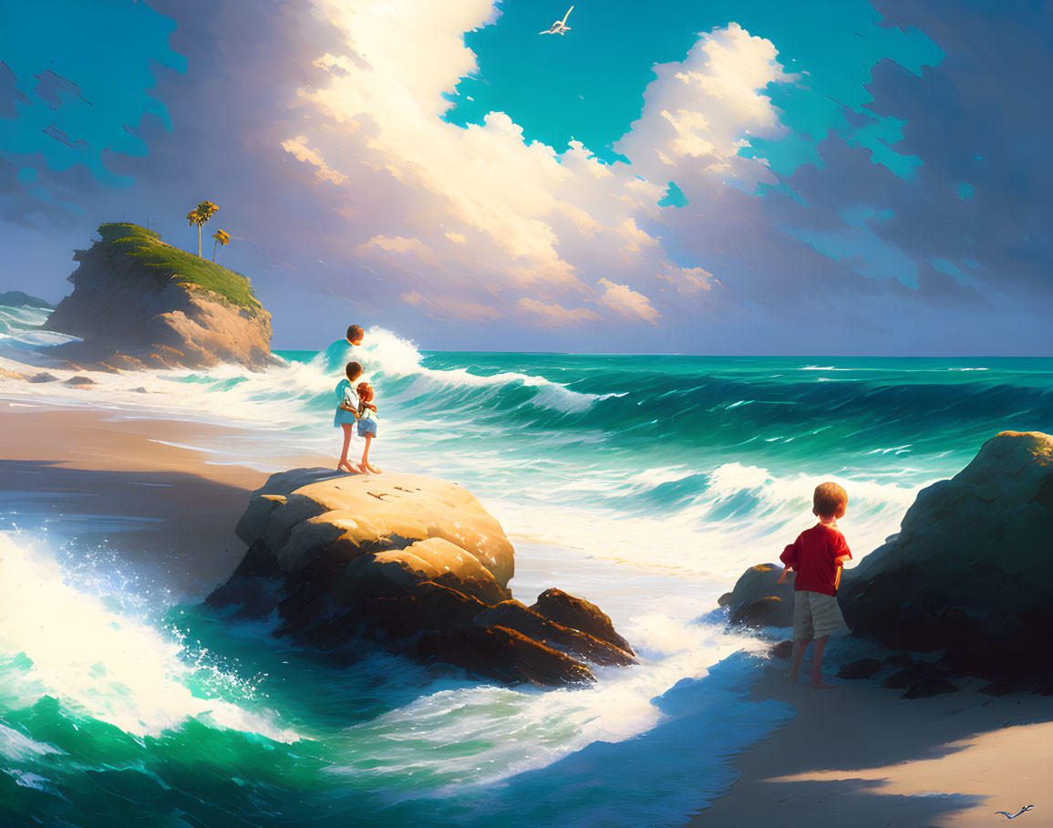 Children on rocky shoreline with waves crashing and birds in sunlit sky