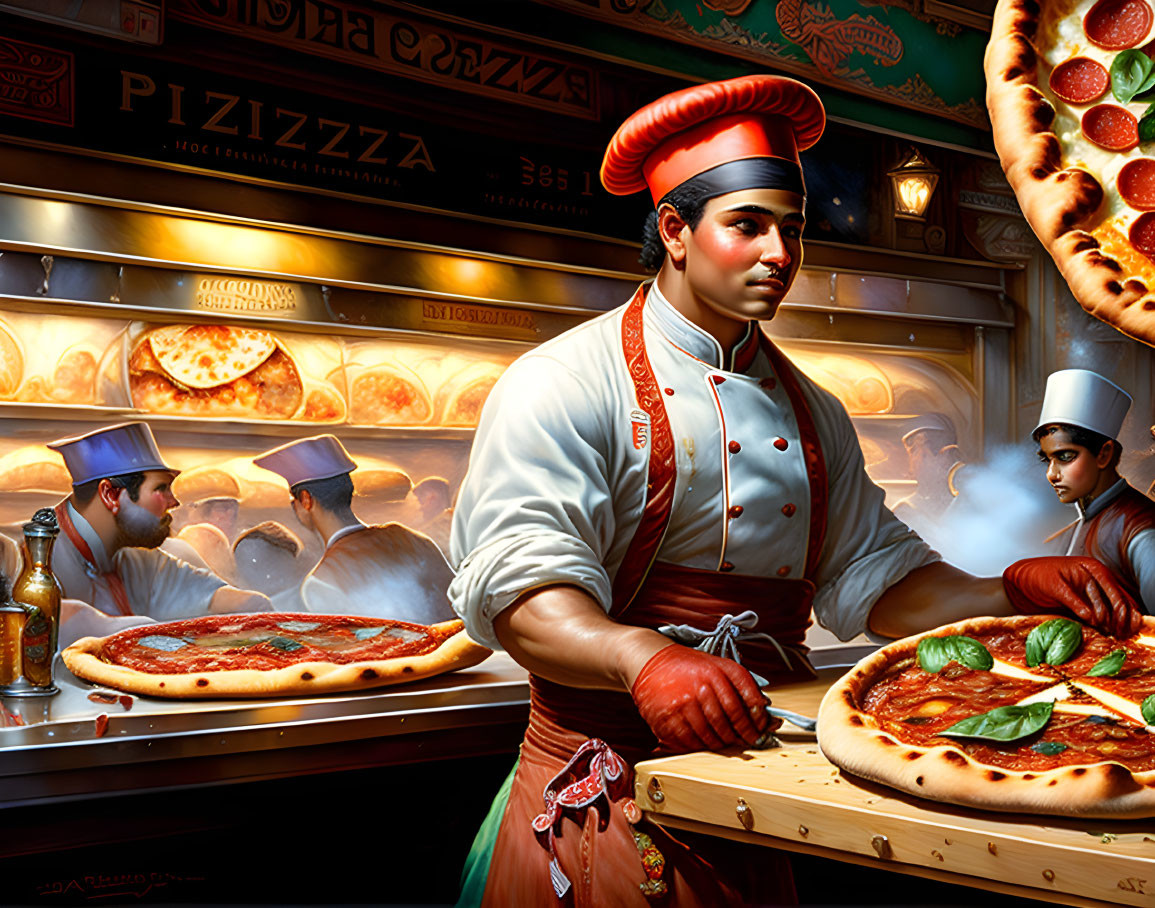 Busy pizzeria scene with chef holding fresh pizza