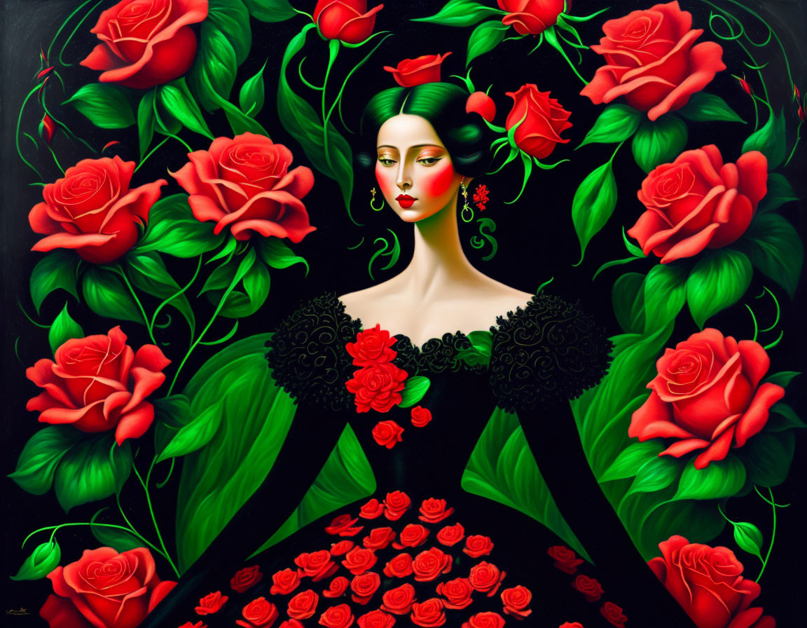 Stylized painting of woman with green hair and red roses on dark background