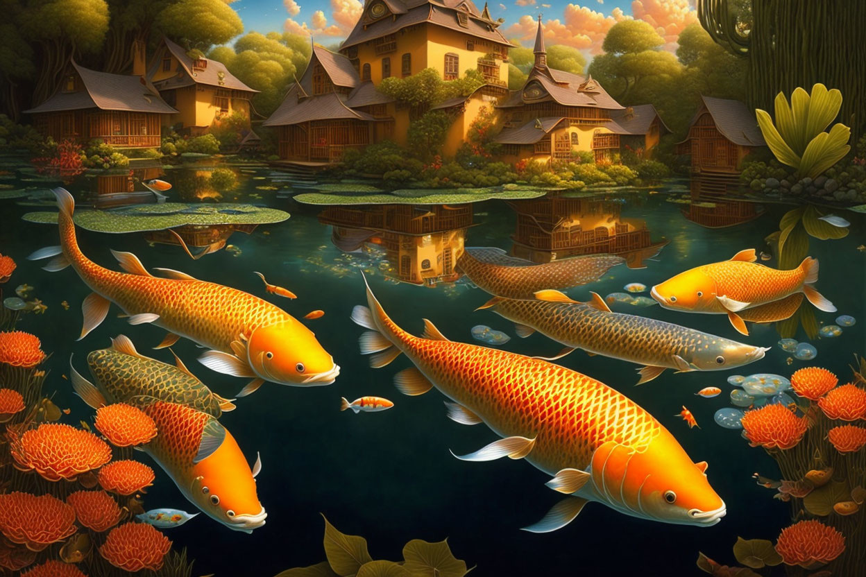 Thatched-Roof Village Pond with Vibrant Koi Fish at Dusk