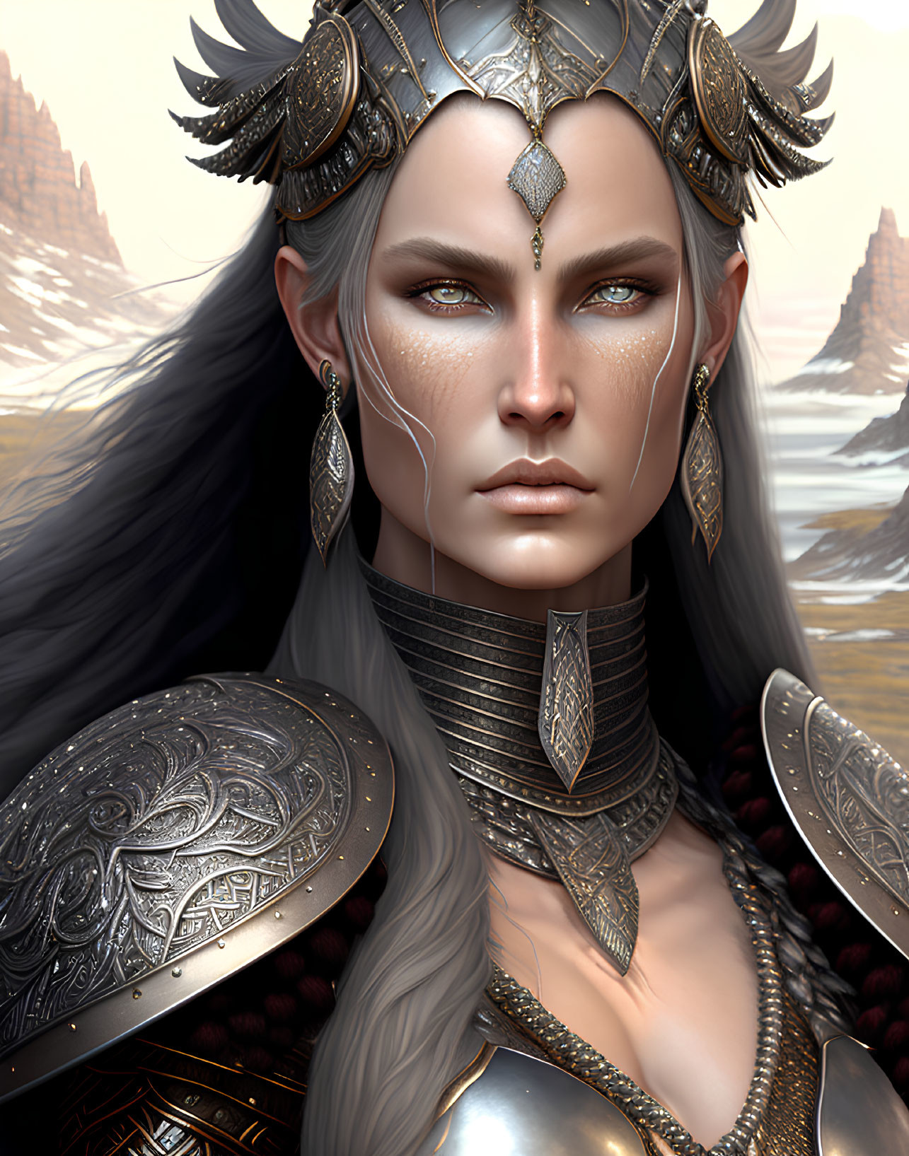 Silver-haired regal figure in golden crown and armor against mountain backdrop