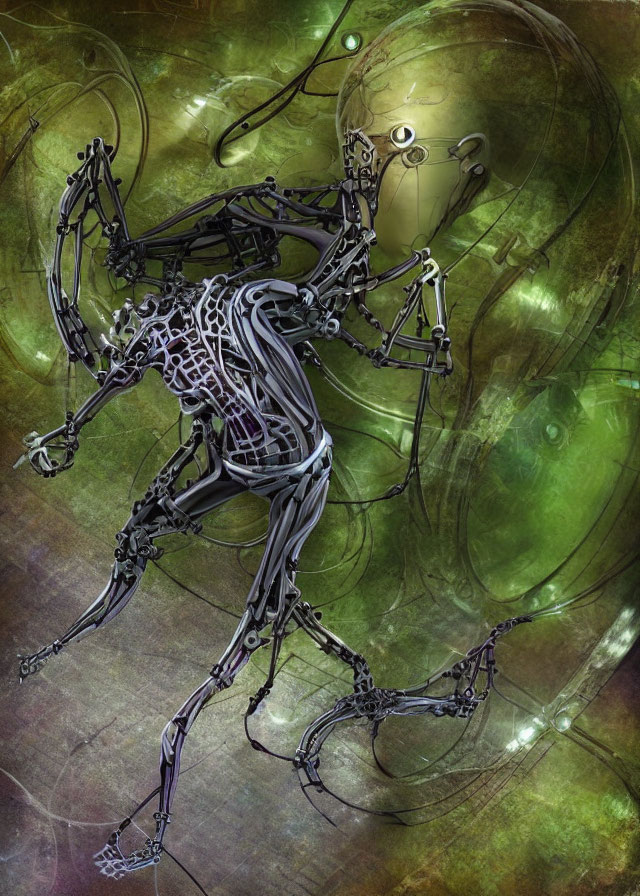 Biomechanical creature with metal tendrils on green background