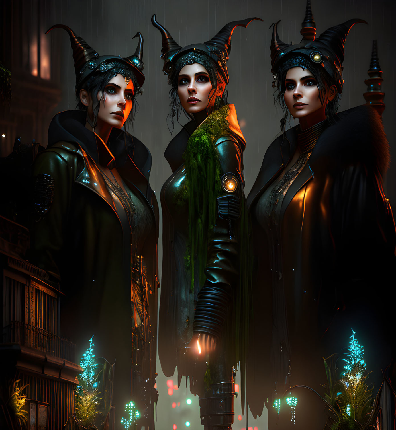 Three individuals in horned headpieces and futuristic outfits in dark urban setting with neon lights