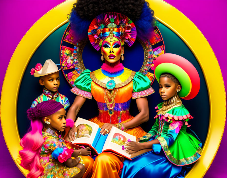 Colorful Central Figure Reading to Children in Vibrant Image