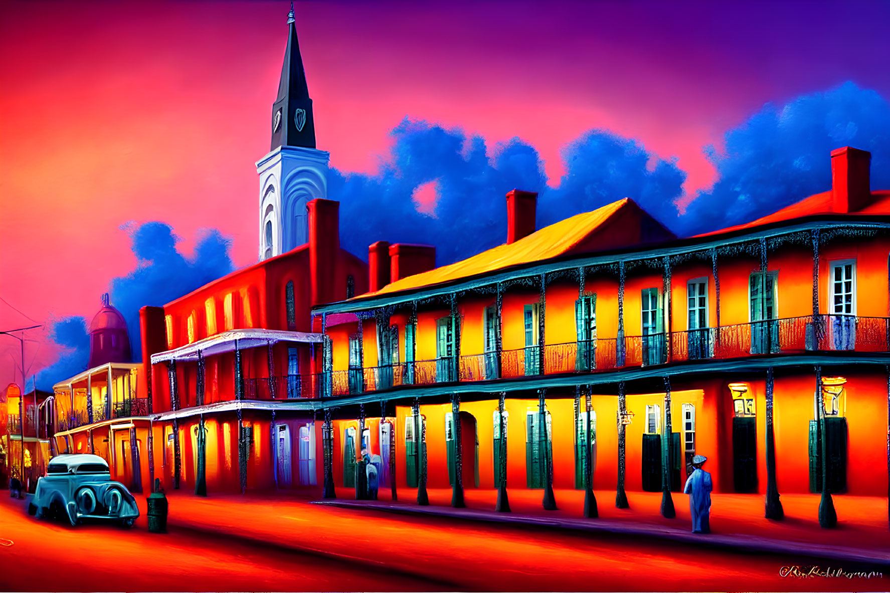 Colorful painting of old-fashioned street with vintage car, people, and church spire at dusk