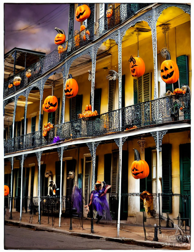 Ornate Iron Balconies Decorated with Halloween Pumpkins