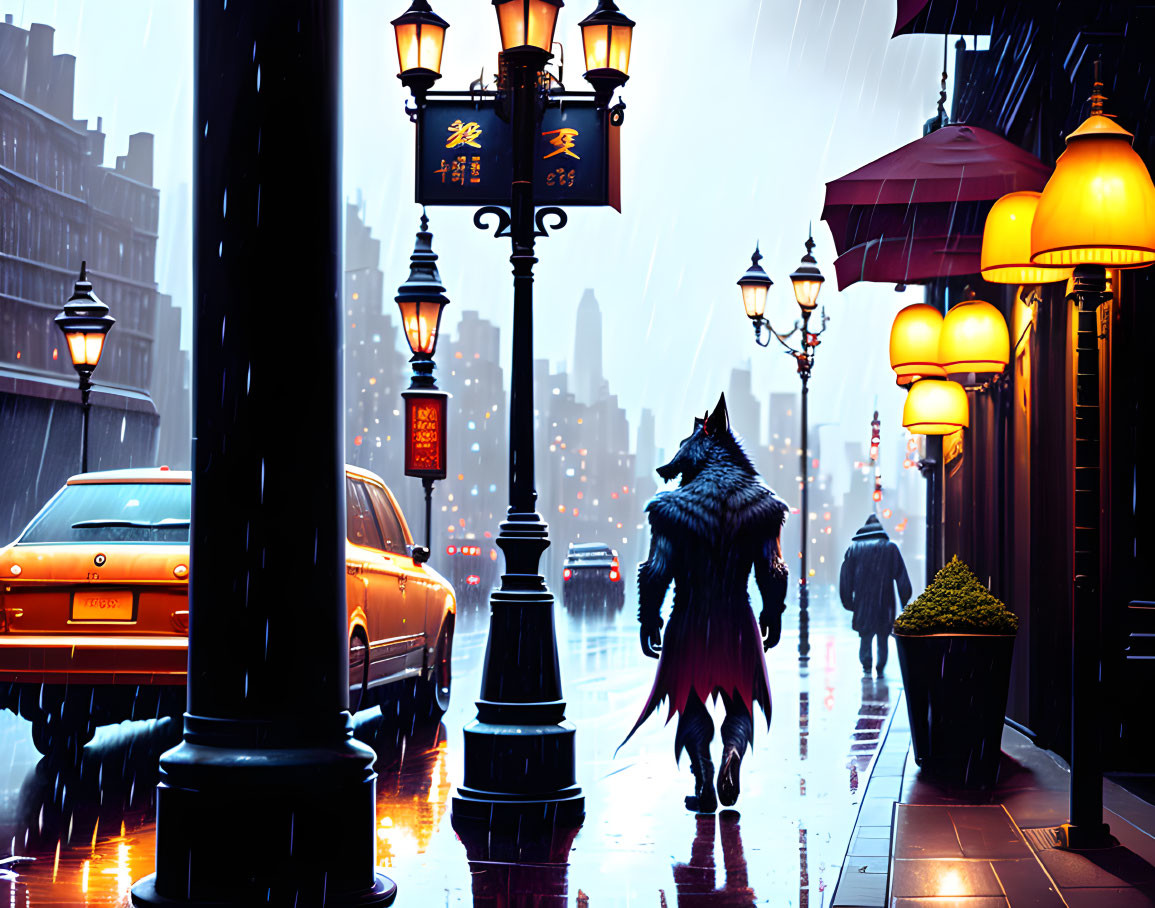 Illustration of wolf-like humanoid in rainy city scene