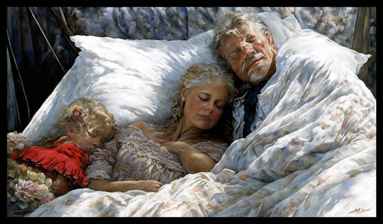 Elderly couple and young girl sleeping on floral bedspread in sunlight