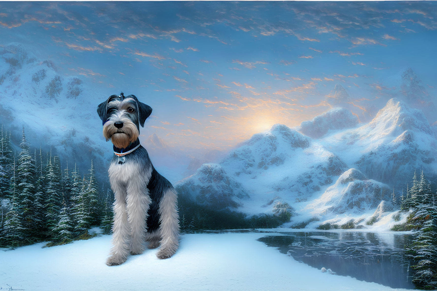 Large Schnauzer Dog in Snowy Mountain Landscape at Sunrise or Sunset