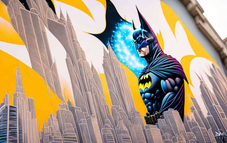 Dynamic Batman illustration with stylized skyscrapers and starry backdrop