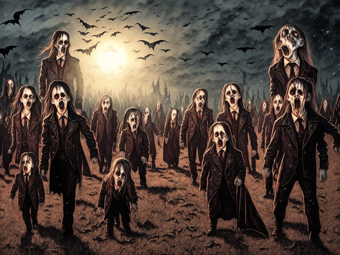 Skull-faced figures in suits march under a dusk sky with bats.