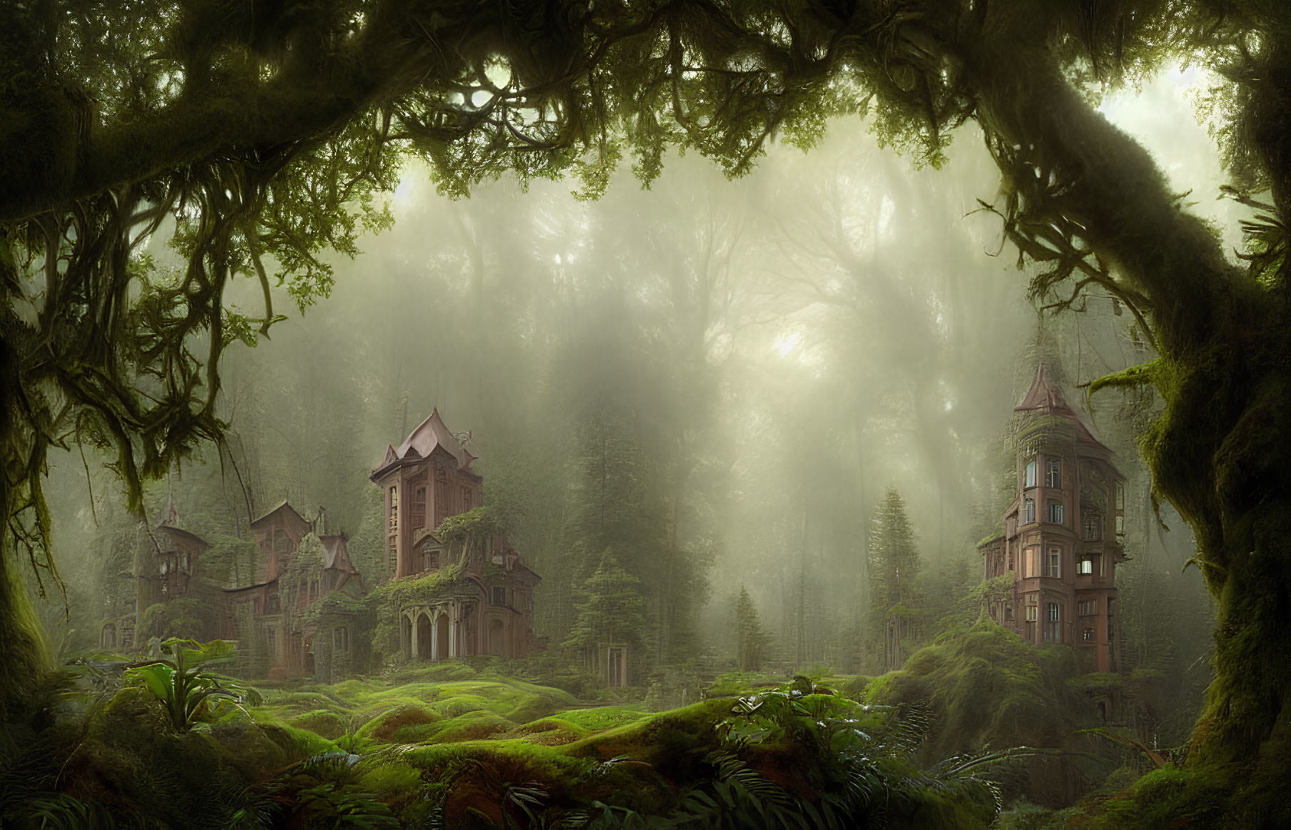 Enchanting forest scene with old ornate buildings in foggy ambiance