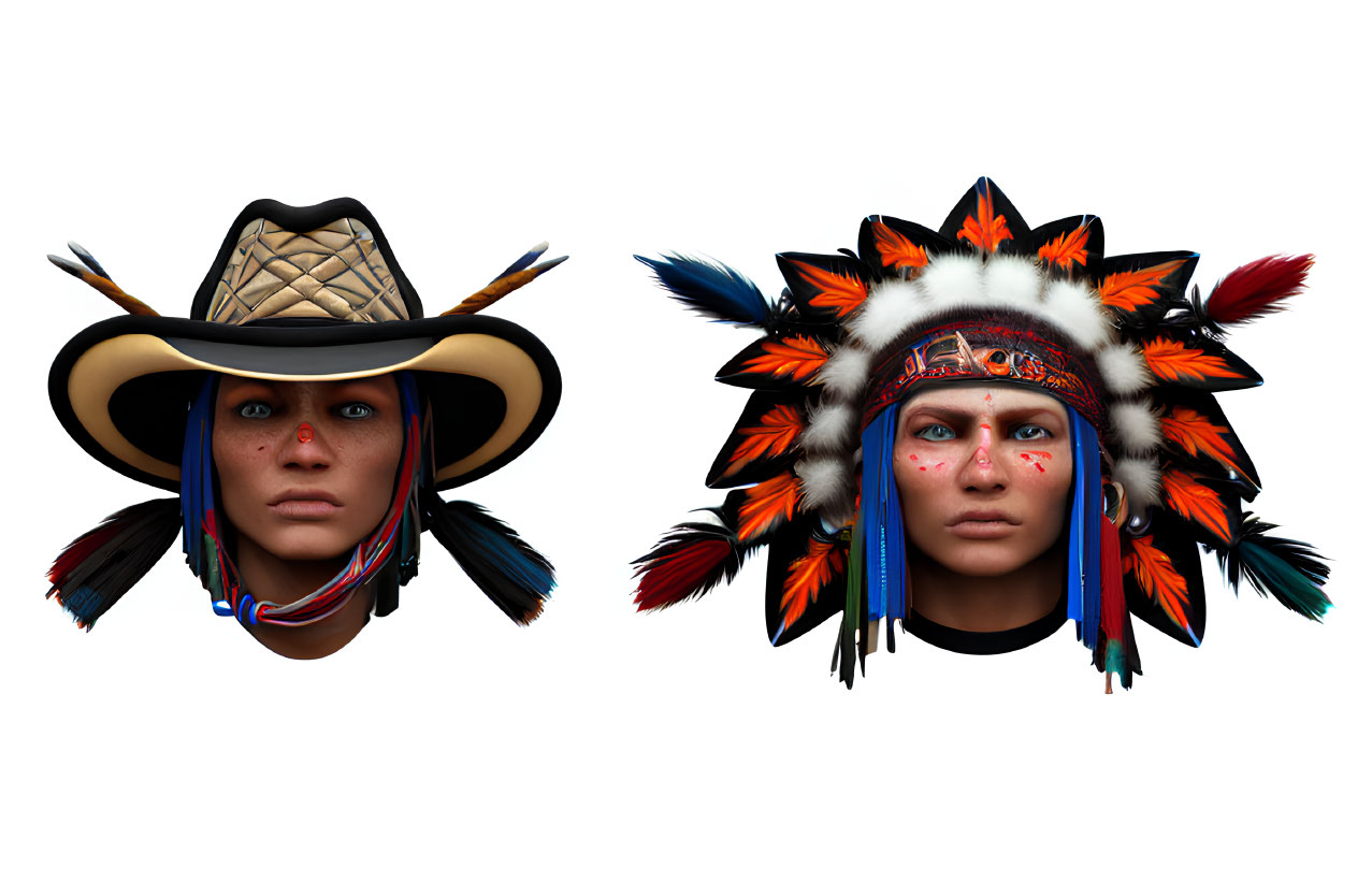 Computer-generated faces: one with cowboy hat, one with Native American headdress