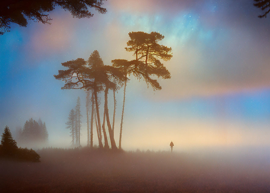 Figure in Misty Field with Silhouetted Trees and Twilight Sky