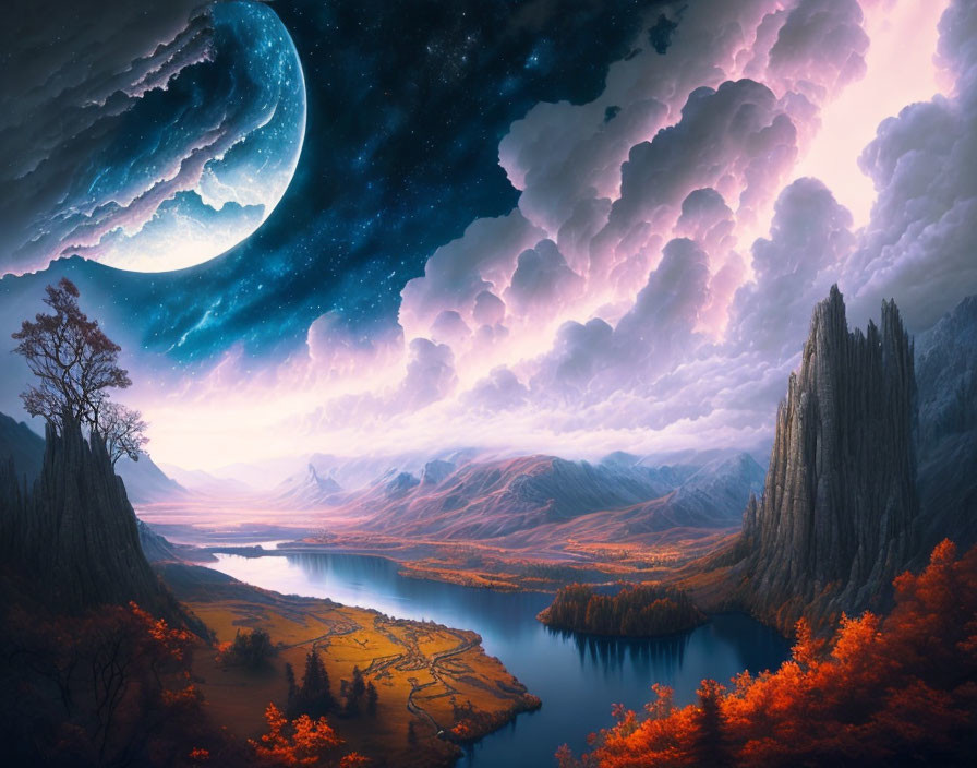 Fantastical landscape with oversized moon and luminous clouds