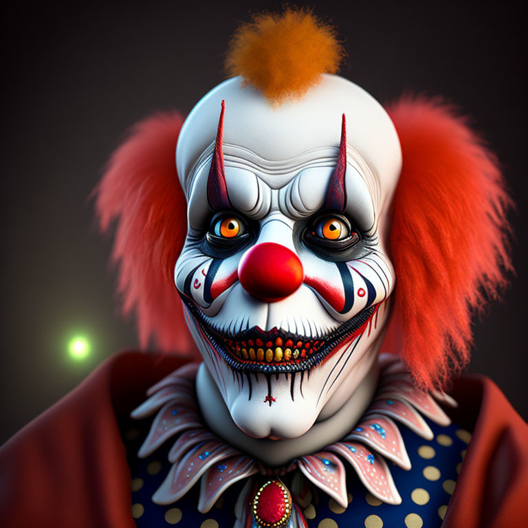 Sinister clown with red hair, sharp teeth, eerie makeup, colorful costume.