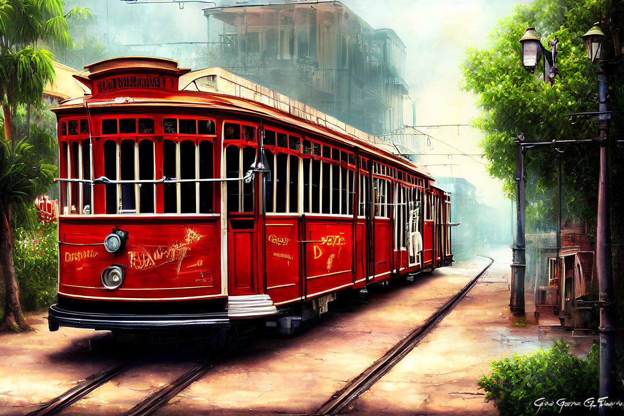 Red Vintage Tram Painting in City Setting