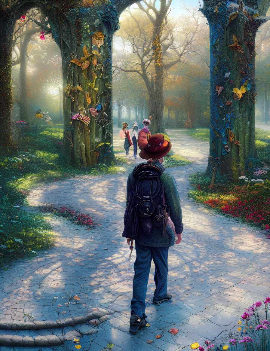 Person with backpack on sunlit pathway with flowers and butterflies