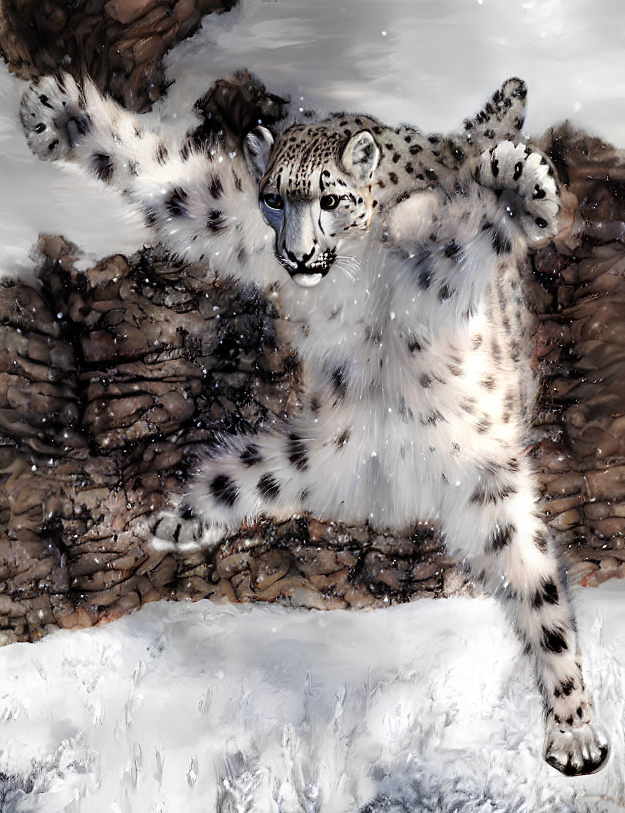 Snow leopard mid-leap over rocky terrain with rosette-patterned fur and snowflakes.