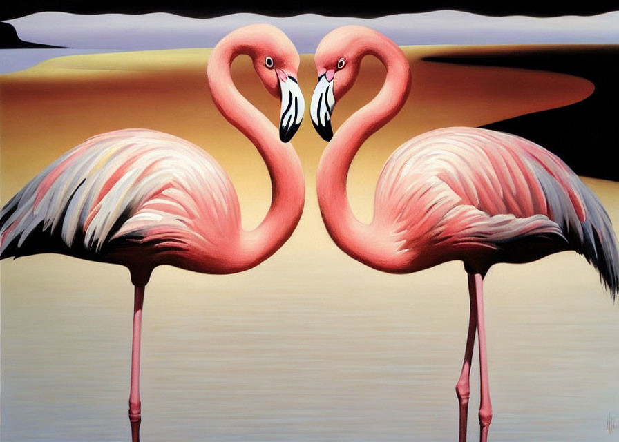 Stylized flamingos form heart shape at sunset